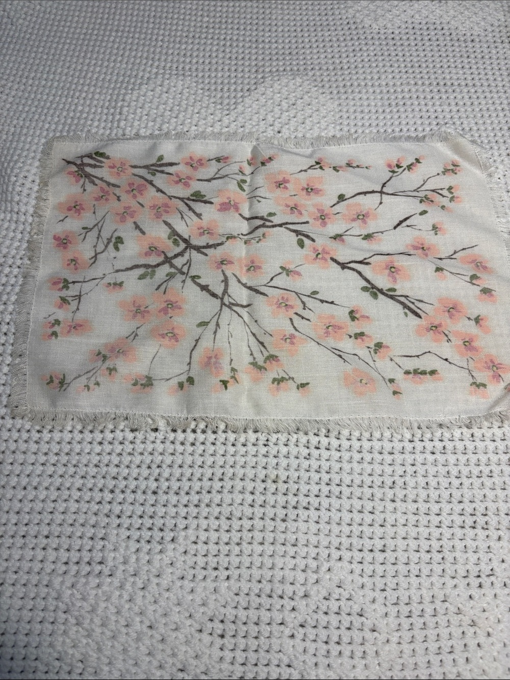 Vintage Hand Painted Cherry Blossom Placemats, Fringed Edged Linens, Set of 4 - Picture 6 of 6